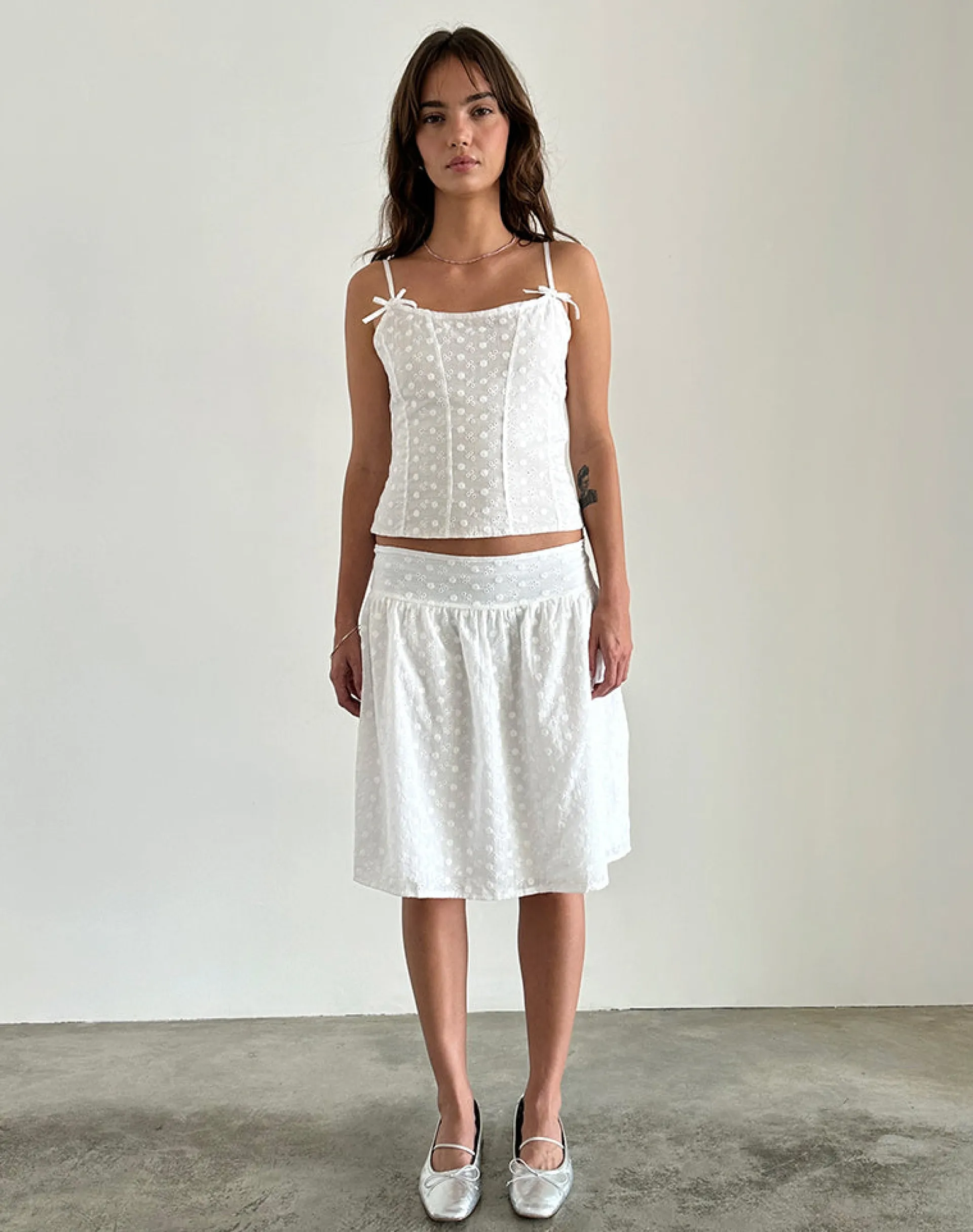 Motel Rocks Co-Ords | Midi Skirts-Aristia Midi Skirt in Woven Broderie White