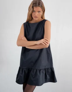 Motel Rocks Mini Dresses-Arkana Babydoll Mini Dress in Black Taffeta