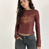 Motel Rocks Printed Tops | Long Sleeve Tops-Armali Long Sleeve Top in Mesh Tonal Flower Brown MeshTonalFlowerBrown