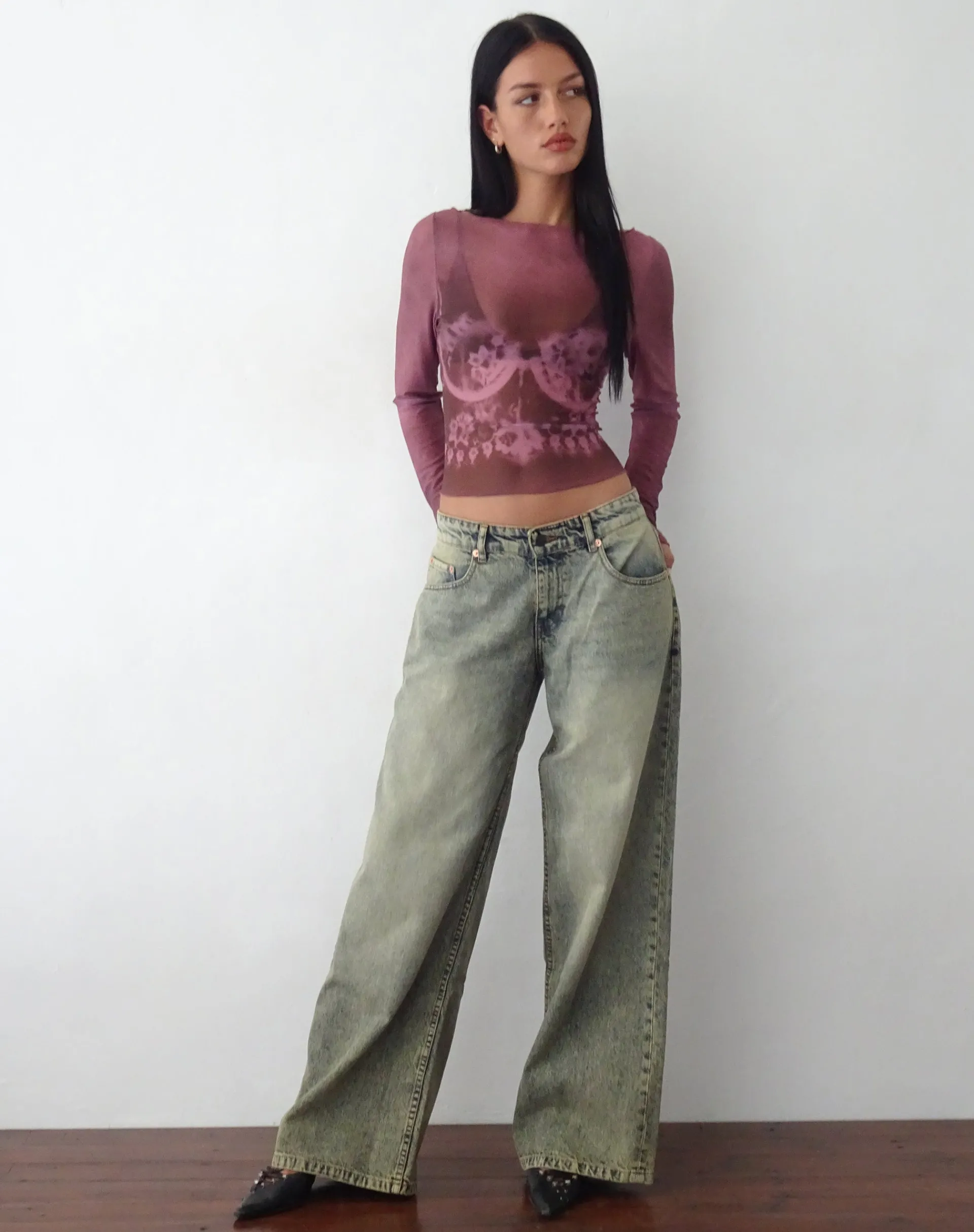 Motel Rocks Printed Tops | Long Sleeve Tops-Armali Long Sleeve Top in Burgundy with Lace Bra Scan burgundylacebrascan