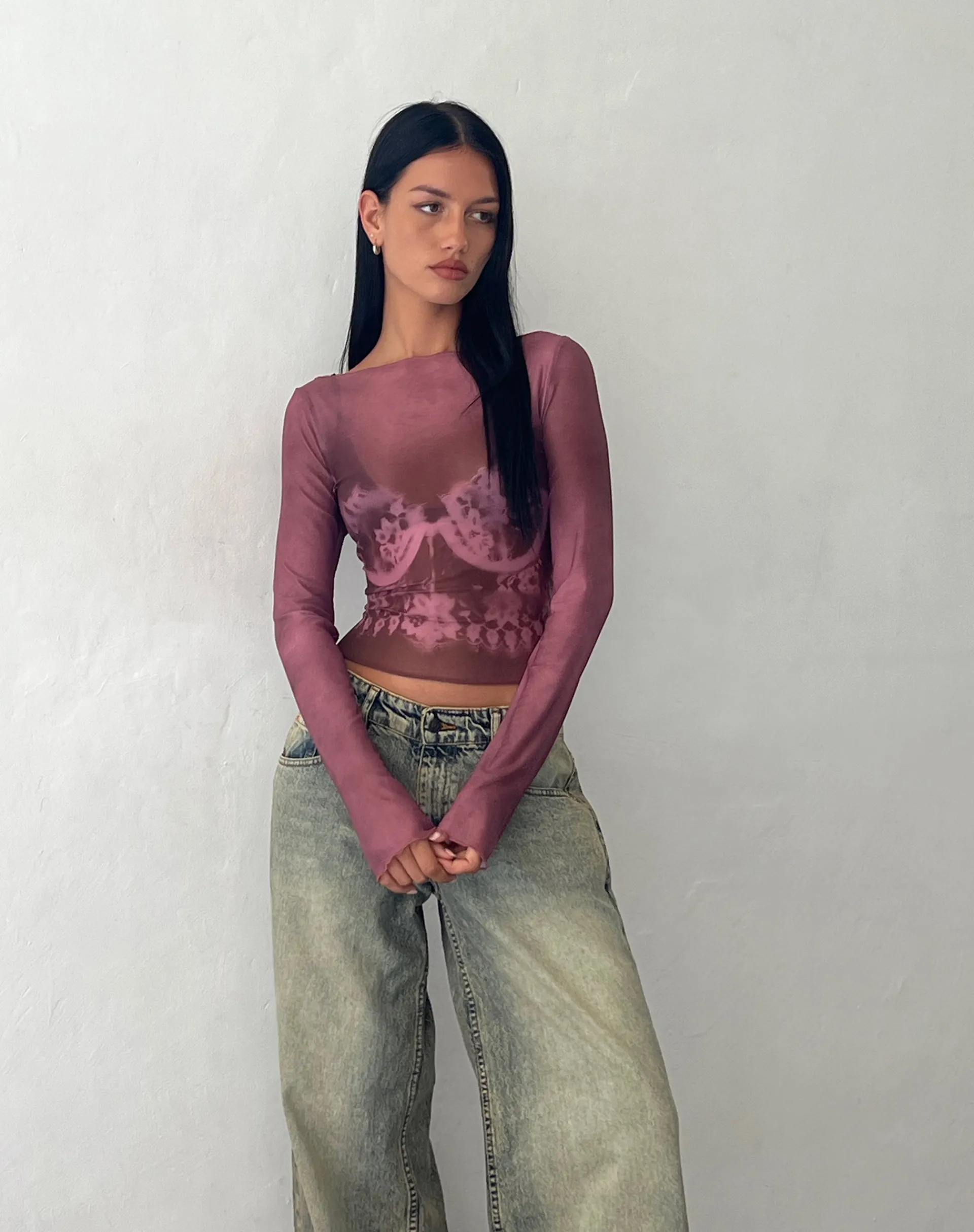 Motel Rocks Printed Tops | Long Sleeve Tops-Armali Long Sleeve Top in Burgundy with Lace Bra Scan burgundylacebrascan