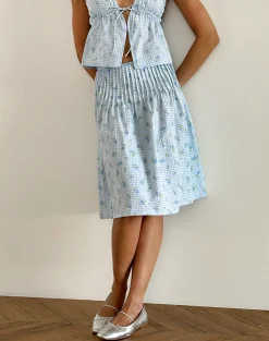 Motel Rocks Co-Ords | Printed Skirts-Asada Midi Skirt in Blue Flower Gingham BlueFlowerGingham