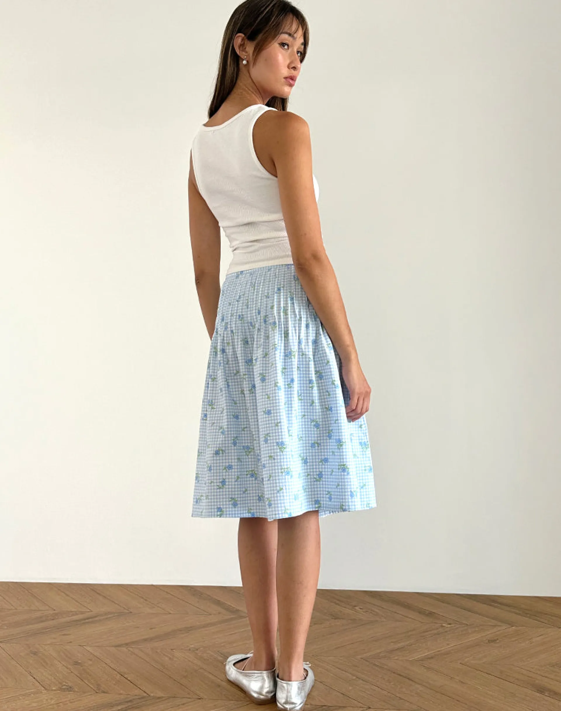 Motel Rocks Co-Ords | Printed Skirts-Asada Midi Skirt in Blue Flower Gingham BlueFlowerGingham