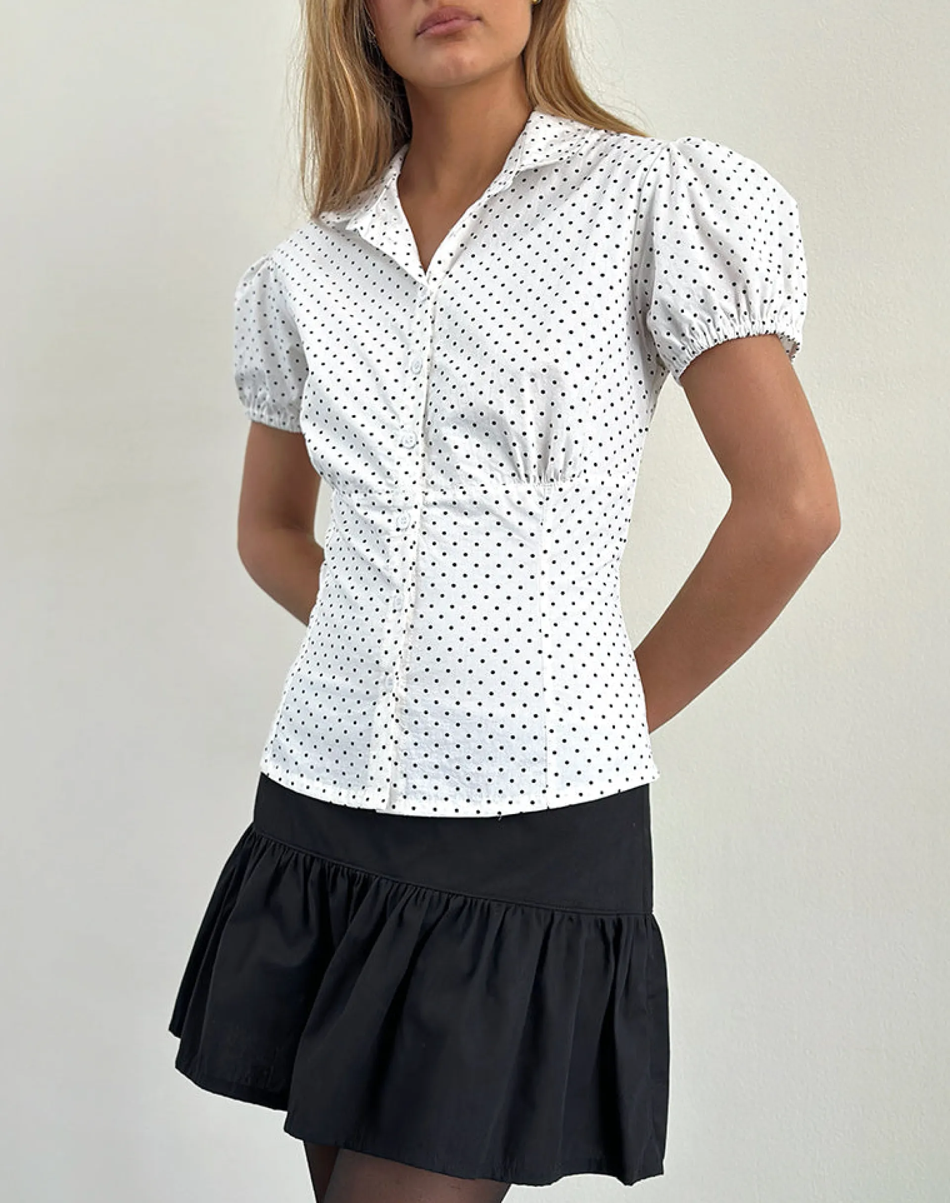 Motel Rocks Shirts And Blouses | Printed Tops-Aspen Puff Sleeve Blouse in Micro Polka White and Black