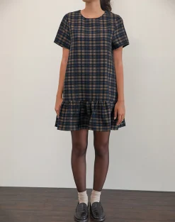 Motel Rocks Day Dresses | Mini Dresses-Asterin Mini Smock Dress in Navy Mustard Check