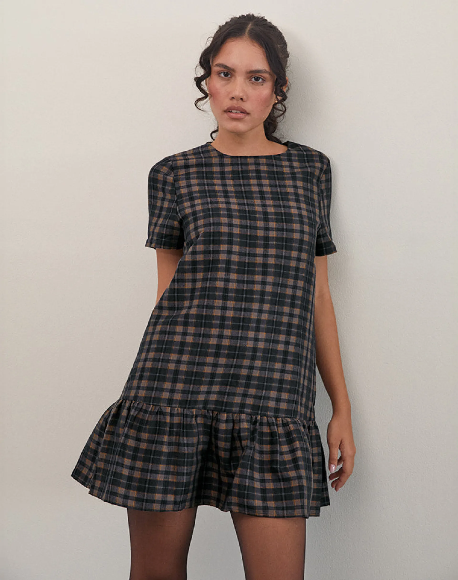 Motel Rocks Day Dresses | Mini Dresses-Asterin Mini Smock Dress in Navy Mustard Check