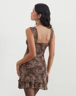 Motel Rocks Printed Dresses | Bodycon Dresses-Astika Mini Dress in Blooming Vines Brown BloomingVinesBrown