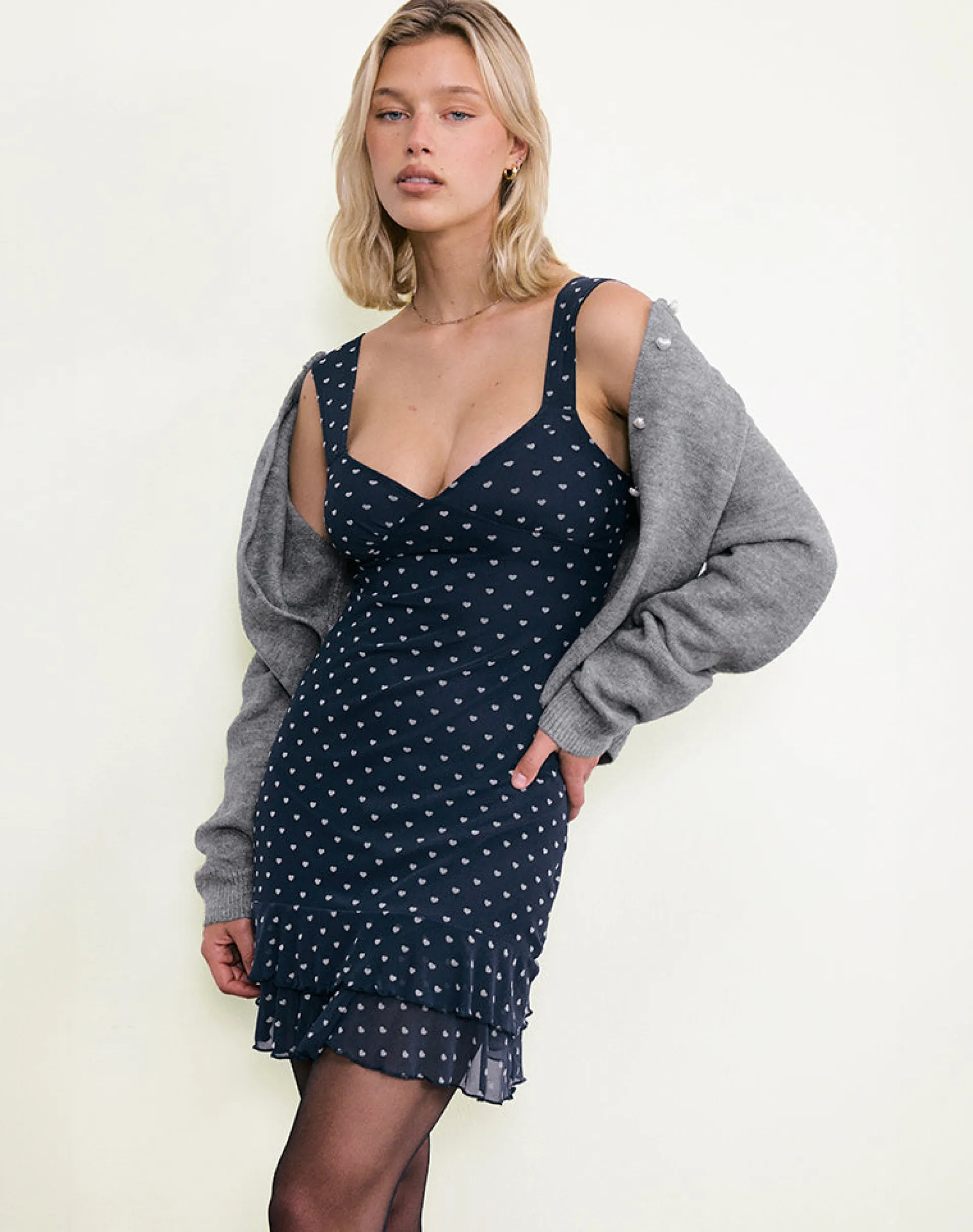 Motel Rocks Printed Dresses | Party Dresses-Astika Mini Dress in Heart Flock Navy Yellow HeartFlockNavyYellow
