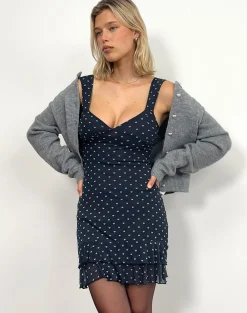 Motel Rocks Printed Dresses | Party Dresses-Astika Mini Dress in Heart Flock Navy Yellow HeartFlockNavyYellow