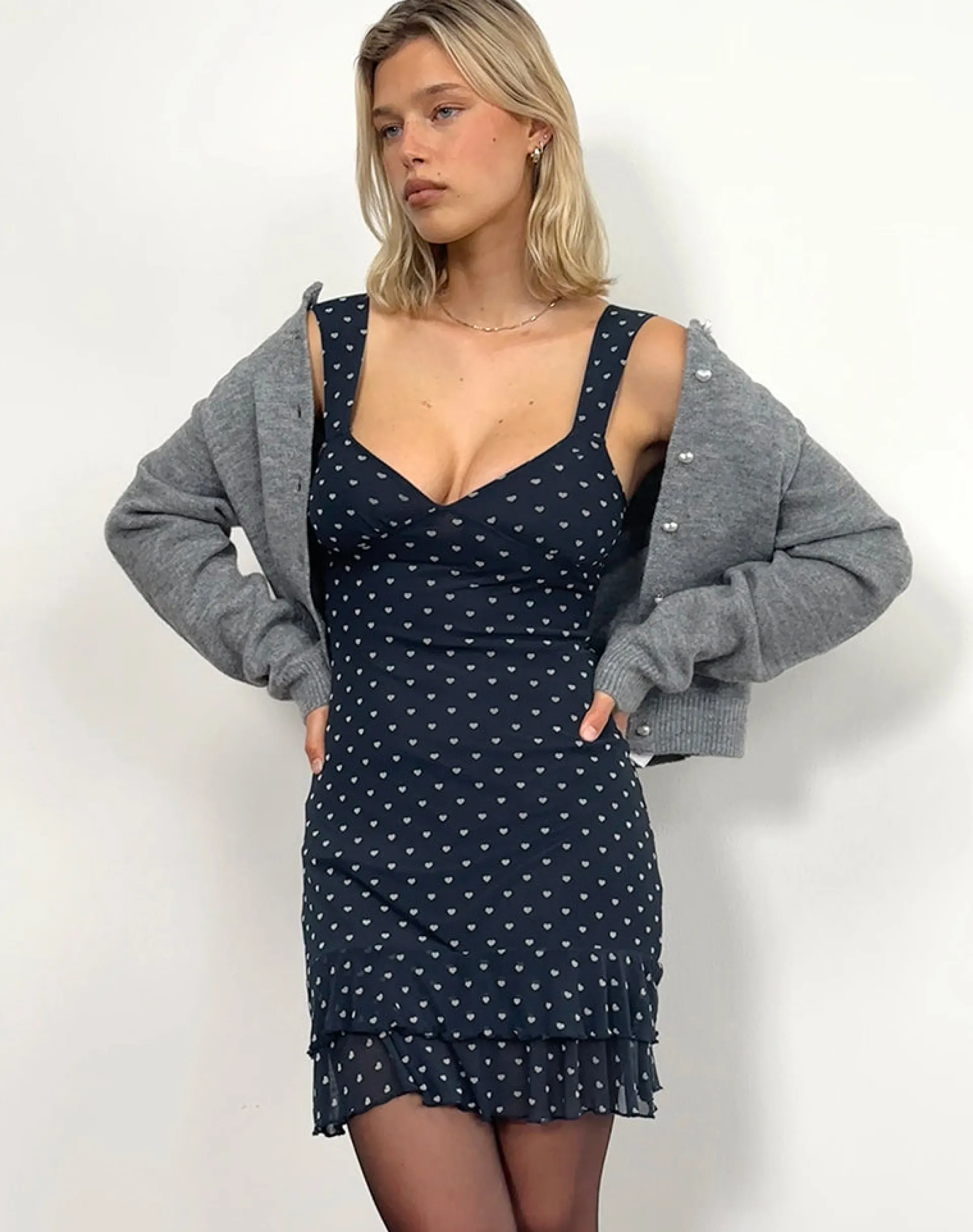 Motel Rocks Printed Dresses | Party Dresses-Astika Mini Dress in Heart Flock Navy Yellow HeartFlockNavyYellow