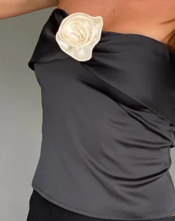 Motel Rocks Bandeau Tops | Going Out Tops-Astrum Bandeau Satin Top in with Rosette Black