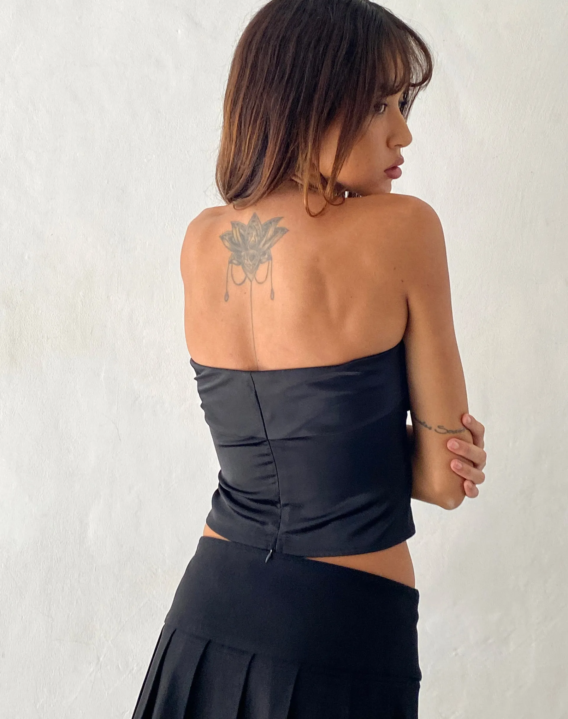 Motel Rocks Bandeau Tops | Going Out Tops-Astrum Bandeau Satin Top in with Rosette Black