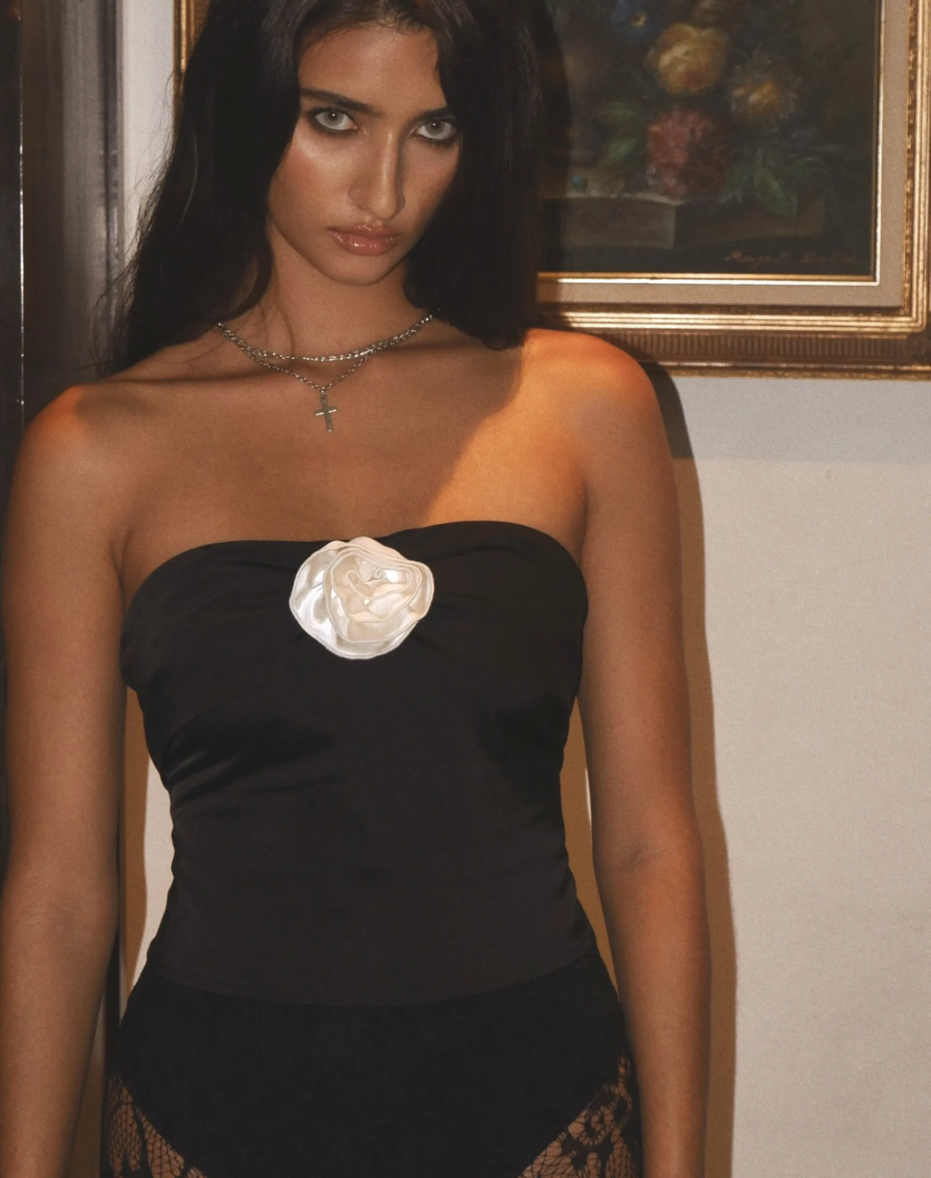 Motel Rocks Bandeau Tops | Going Out Tops-Astrum Bandeau Satin Top in with Rosette Black