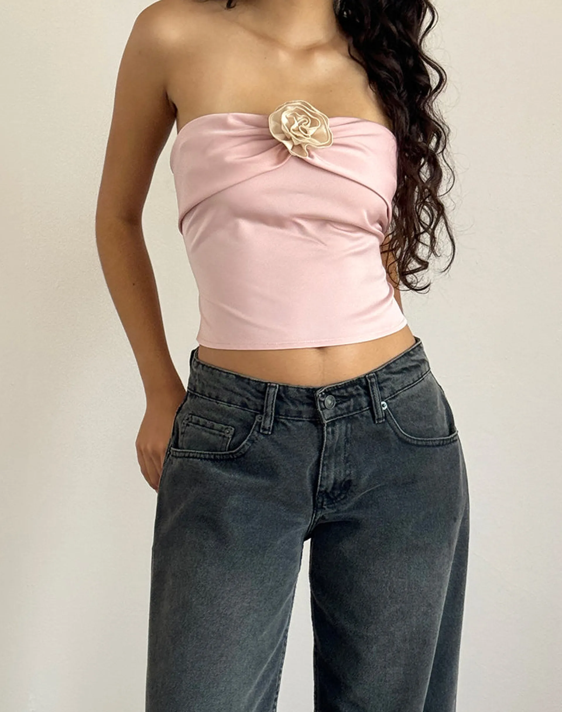 Motel Rocks Bandeau Tops | Going Out Tops-Astrum Satin Bandeau Top in Pink with Ivory Rose PinkwithIvoryRose