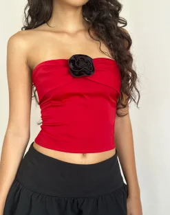 Motel Rocks Bandeau Tops | Going Out Tops-Astrum Satin Bandeau Top in Red with Black Rose RedwithBlackRose