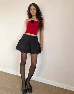 Motel Rocks Bandeau Tops | Going Out Tops-Astrum Satin Bandeau Top in Red with Black Rose RedwithBlackRose