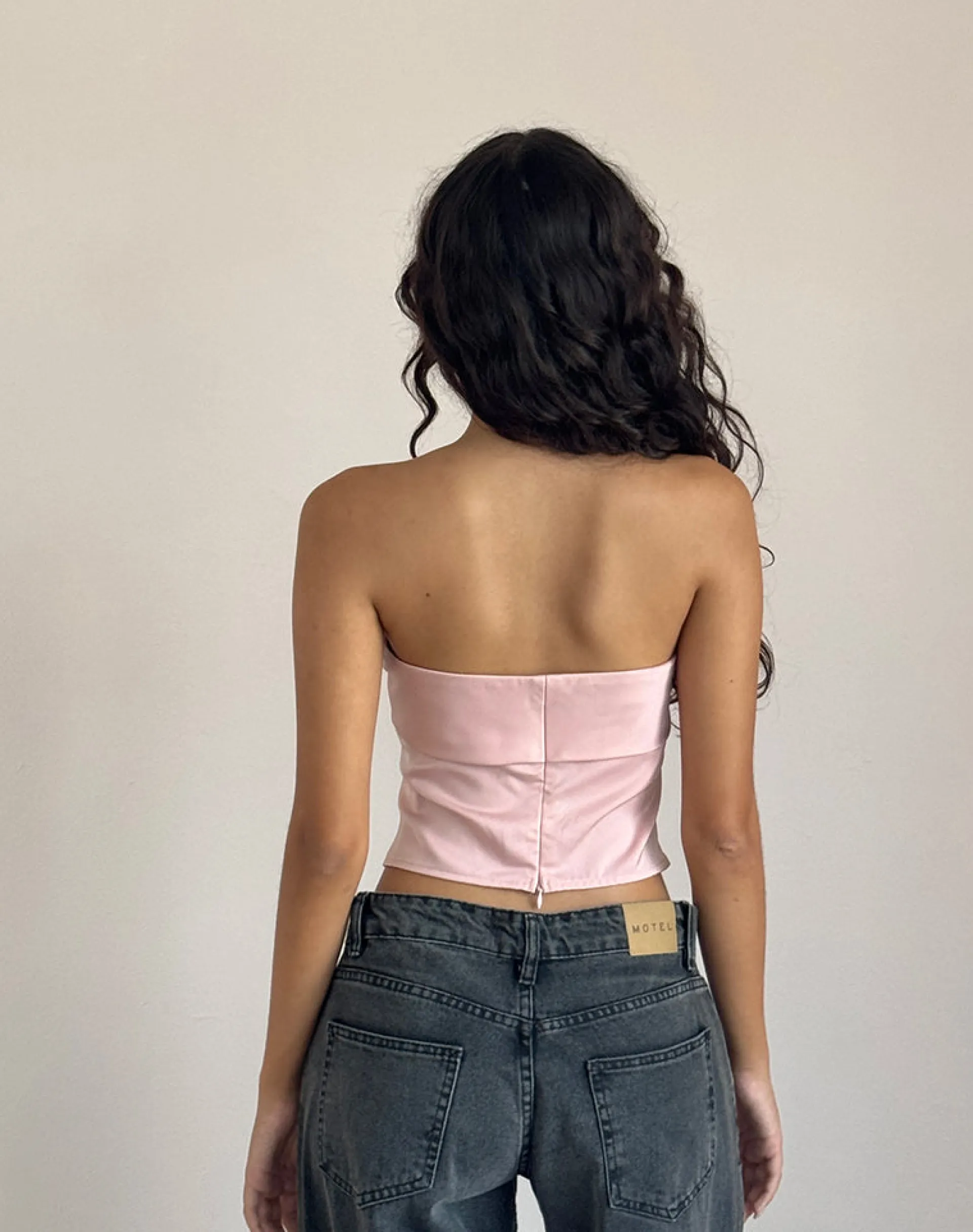 Motel Rocks Bandeau Tops | Going Out Tops-Astrum Satin Bandeau Top in Pink with Ivory Rose PinkwithIvoryRose