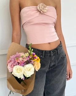 Motel Rocks Bandeau Tops | Going Out Tops-Astrum Satin Bandeau Top in Pink with Ivory Rose PinkwithIvoryRose