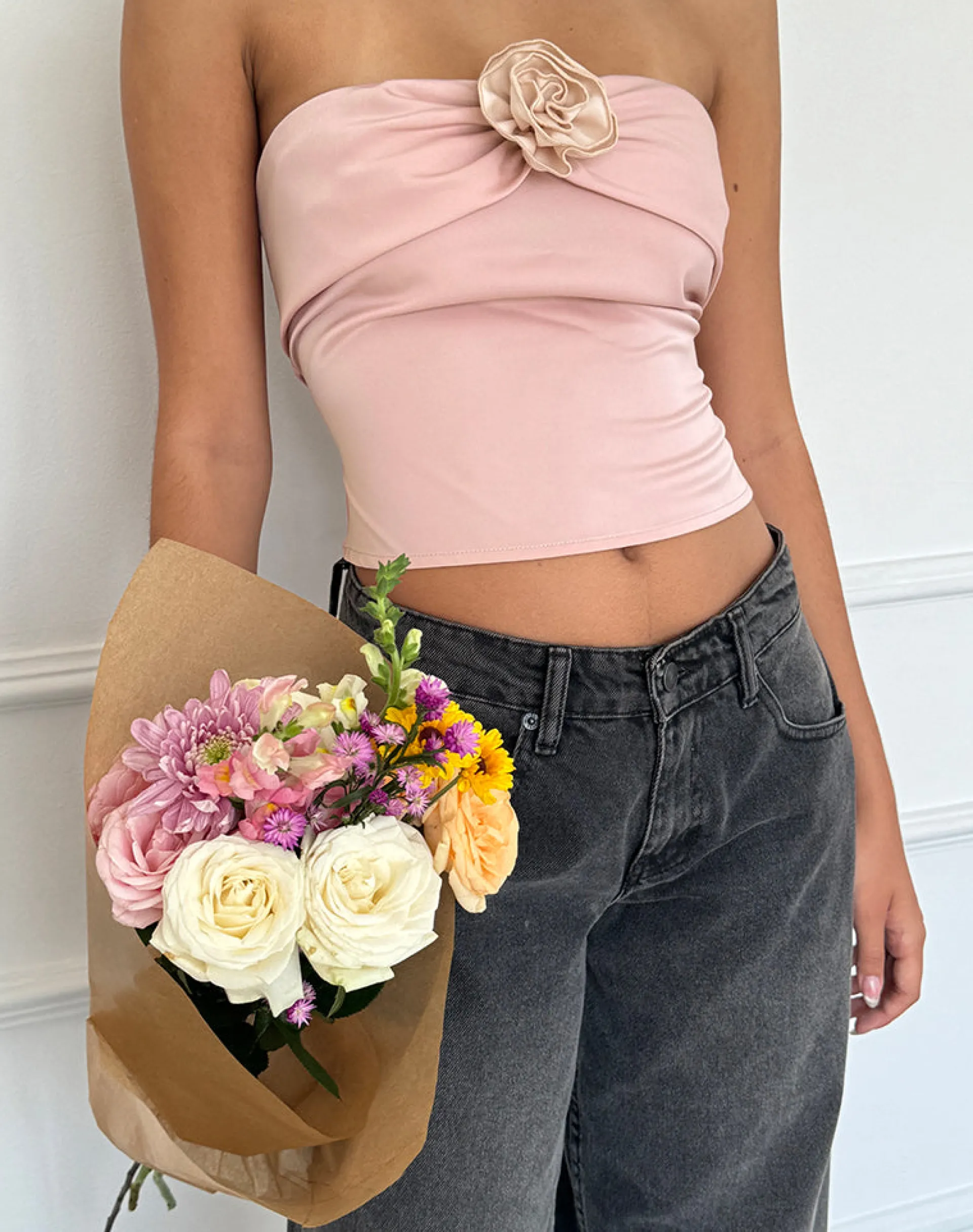 Motel Rocks Bandeau Tops | Going Out Tops-Astrum Satin Bandeau Top in Pink with Ivory Rose PinkwithIvoryRose