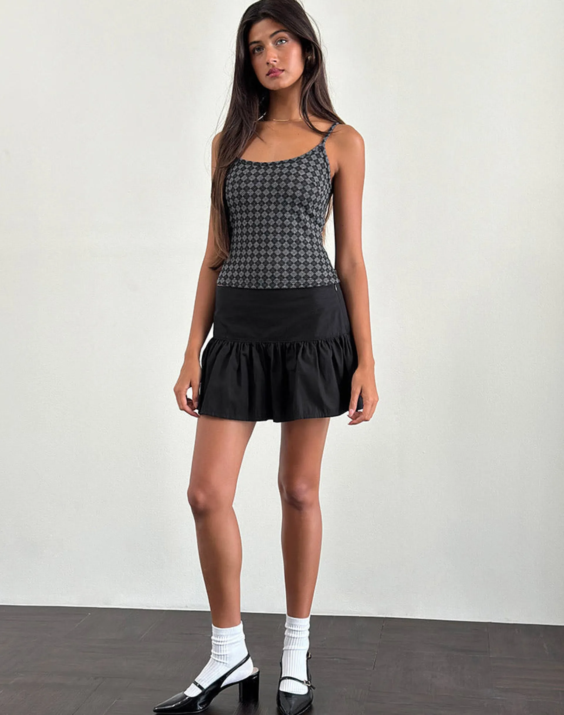 Motel Rocks Co-Ords | Strappy Tops-Atarah Knit Cami Top in Argyle Black Grey