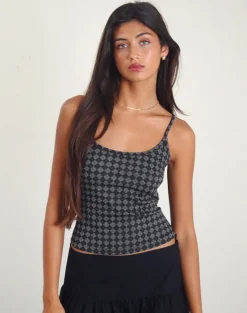 Motel Rocks Co-Ords | Strappy Tops-Atarah Knit Cami Top in Argyle Black Grey