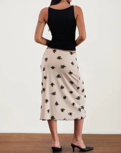 Motel Rocks Printed Skirts | A Line Skirts-Atira Midi Skirt in Cluster Ditsy Floral Flock Nude