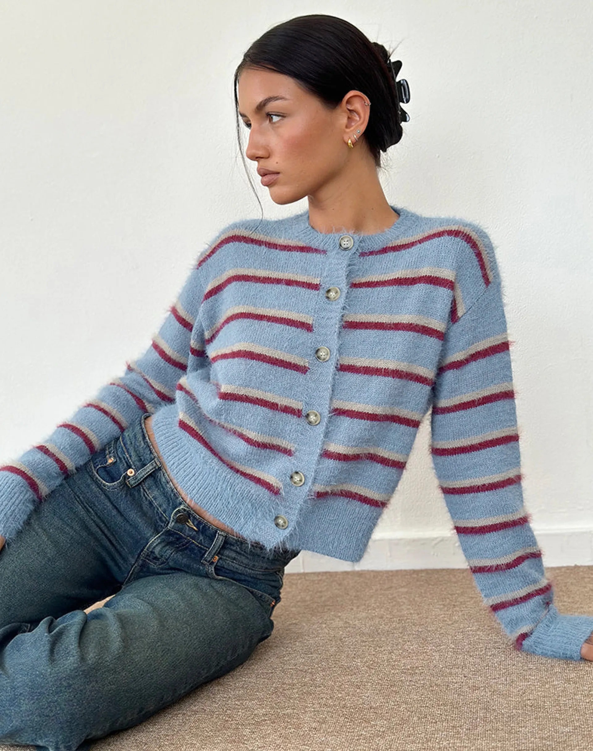 Motel Rocks Cardigans-Audrina Cardigan in Blue and Red Stripe BlueandRedStripe