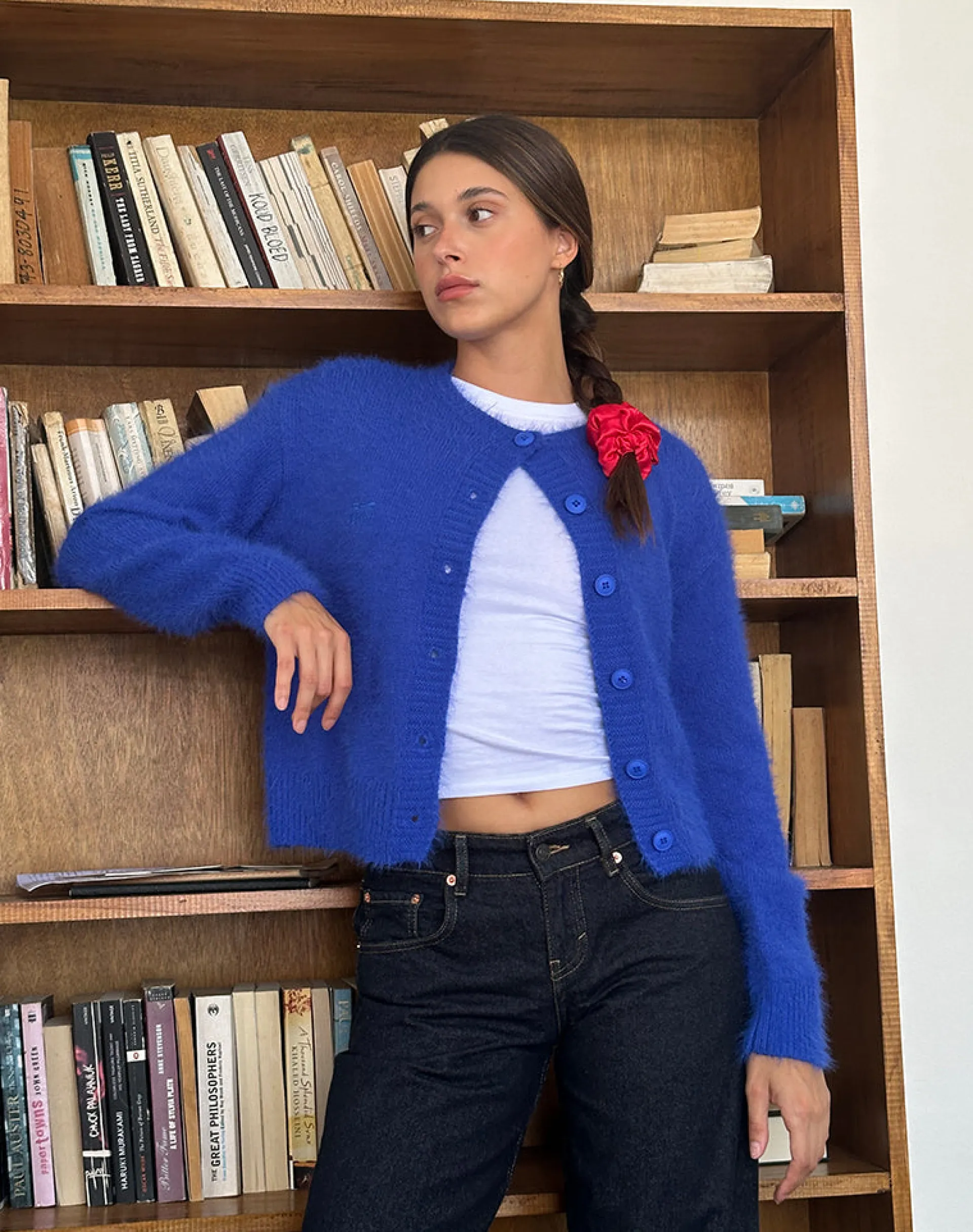 Motel Rocks Cardigans-Audrina Cardigan in Fluffy Cobalt Blue FluffyCobaltBlue