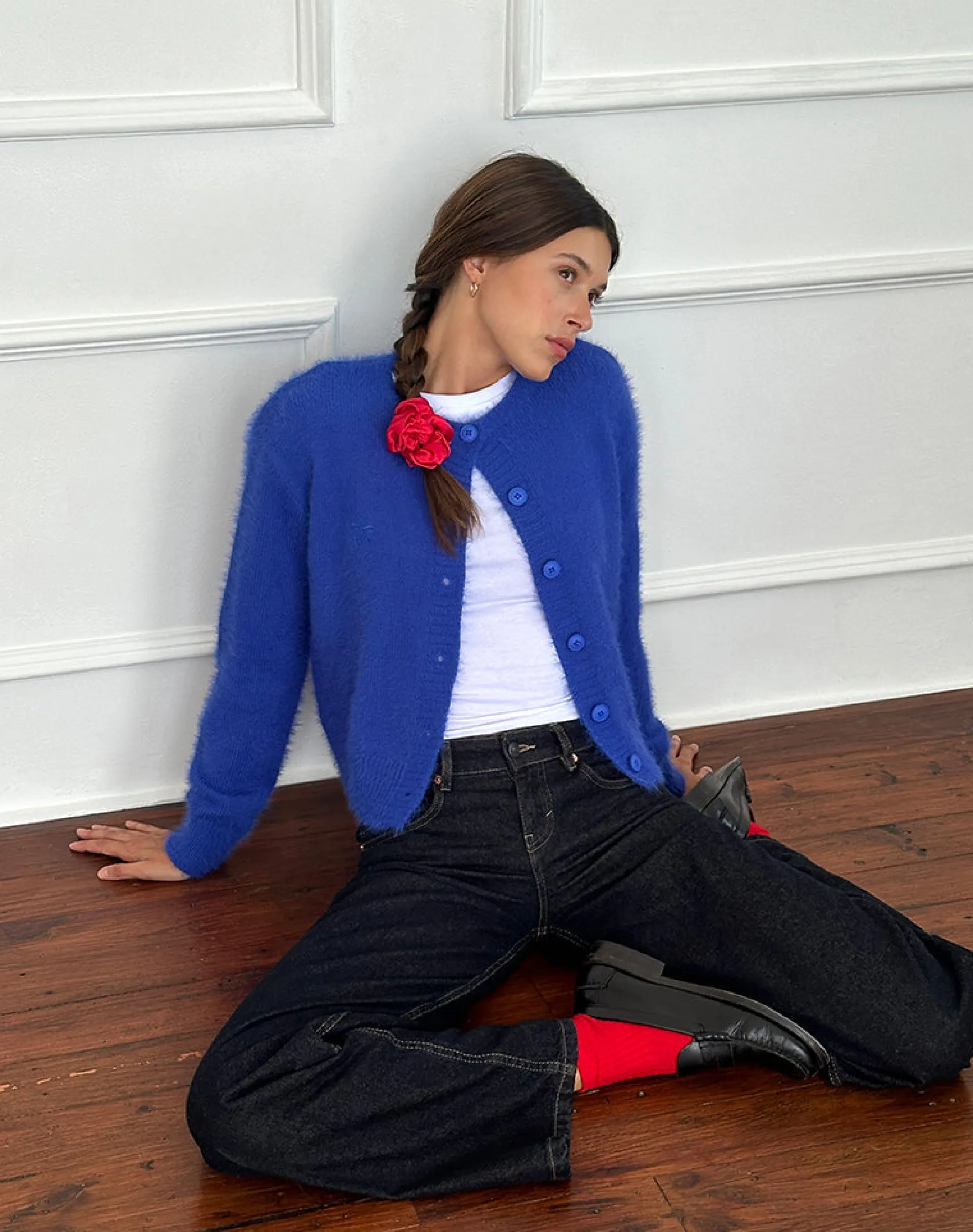 Motel Rocks Cardigans-Audrina Cardigan in Fluffy Cobalt Blue FluffyCobaltBlue