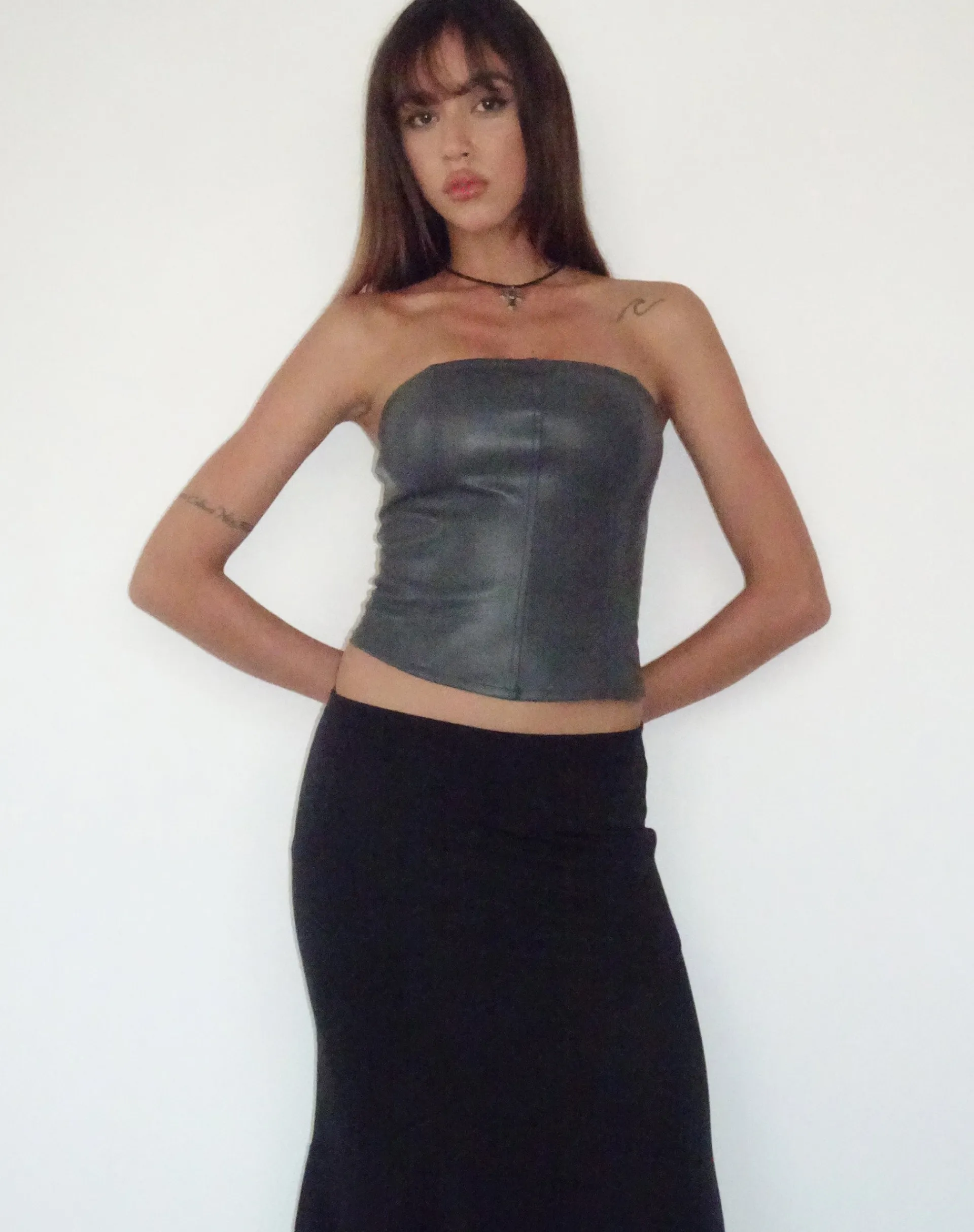 Motel Rocks Bandeau Tops-Audy Bandeau Crop Top in PU Slate Grey