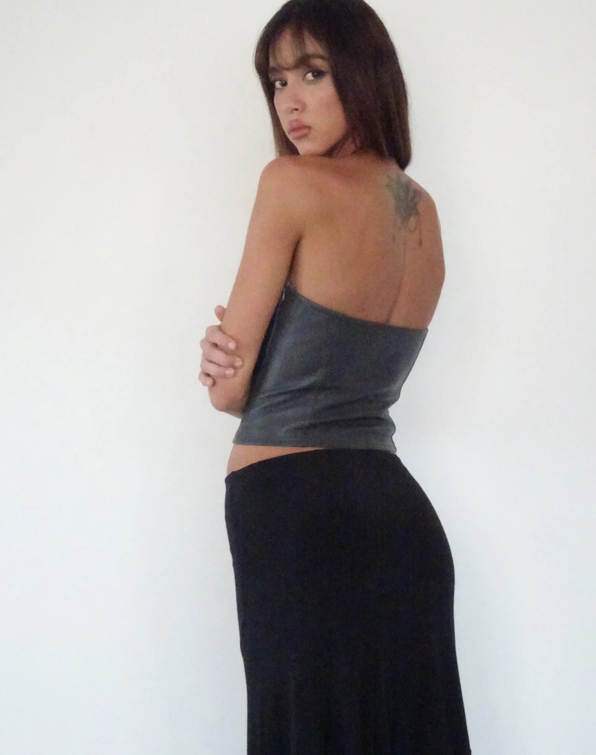 Motel Rocks Bandeau Tops-Audy Bandeau Crop Top in PU Slate Grey