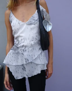 Motel Rocks Printed Tops | Strappy Tops-Aurel Waterfall Ruffle Cami Top in Distorted Animal Print