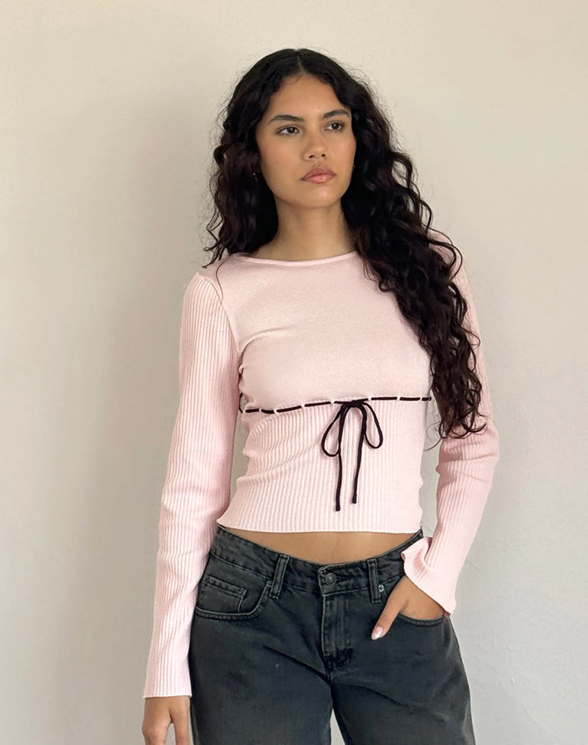 Motel Rocks Basic Tops | Long Sleeve Tops-Awdella Top in Blush Pink with Black BlushPinkwithBlack