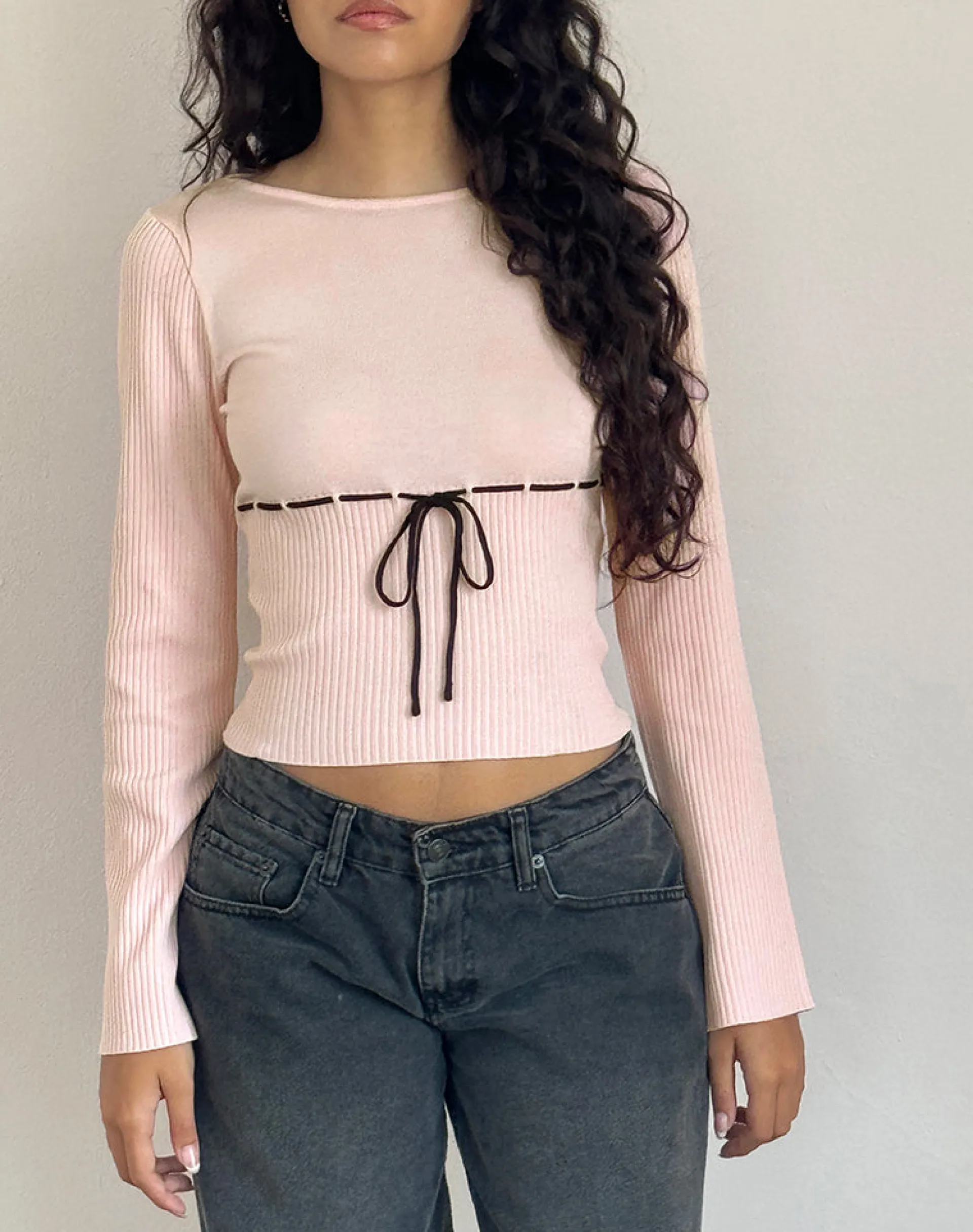 Motel Rocks Basic Tops | Long Sleeve Tops-Awdella Top in Blush Pink with Black BlushPinkwithBlack
