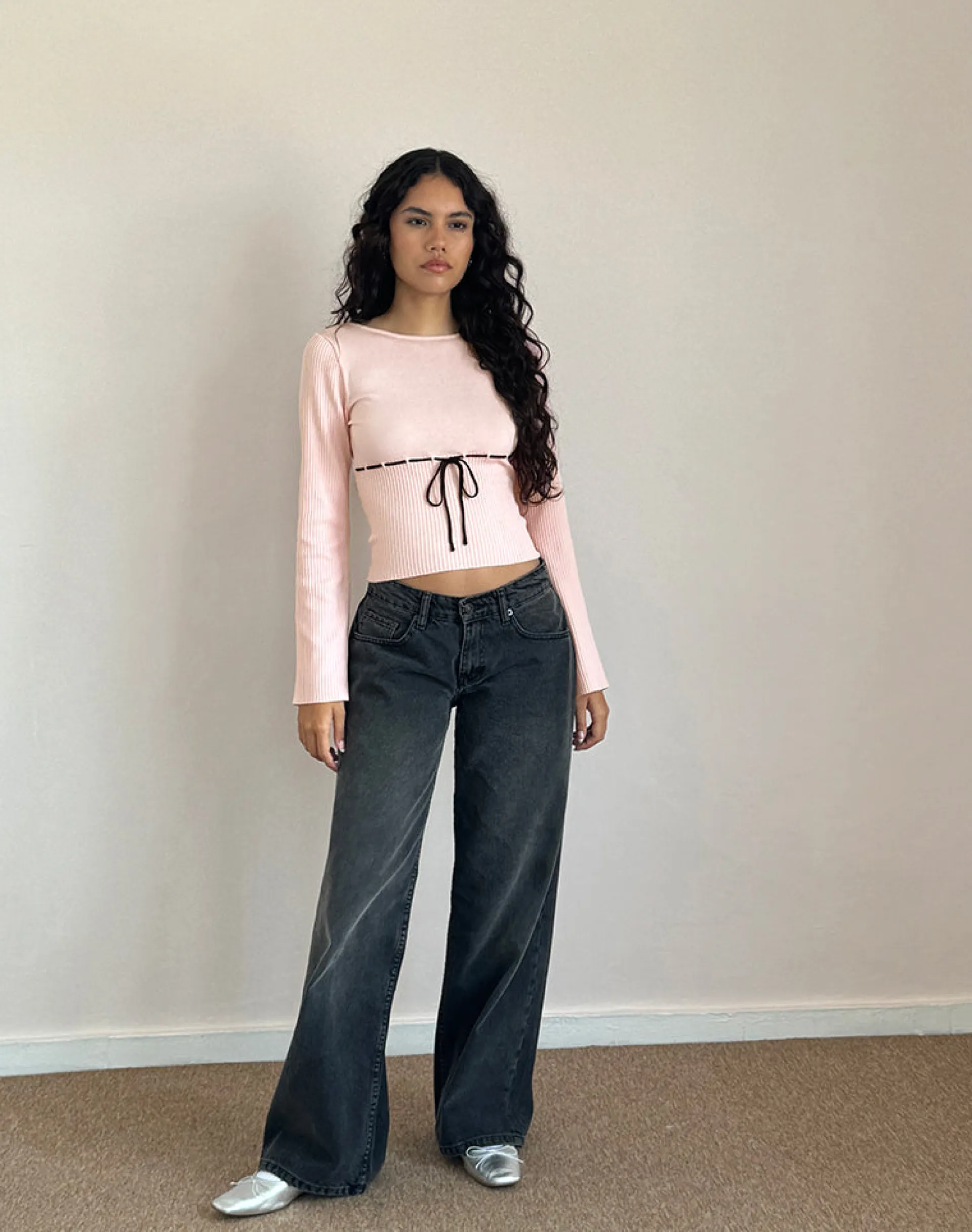 Motel Rocks Basic Tops | Long Sleeve Tops-Awdella Top in Blush Pink with Black BlushPinkwithBlack
