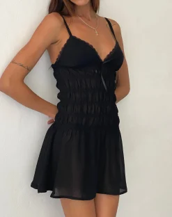 Motel Rocks Little Black Dresses | Mini Dresses-Axely Shirred Mini Dress in Chiffon Black