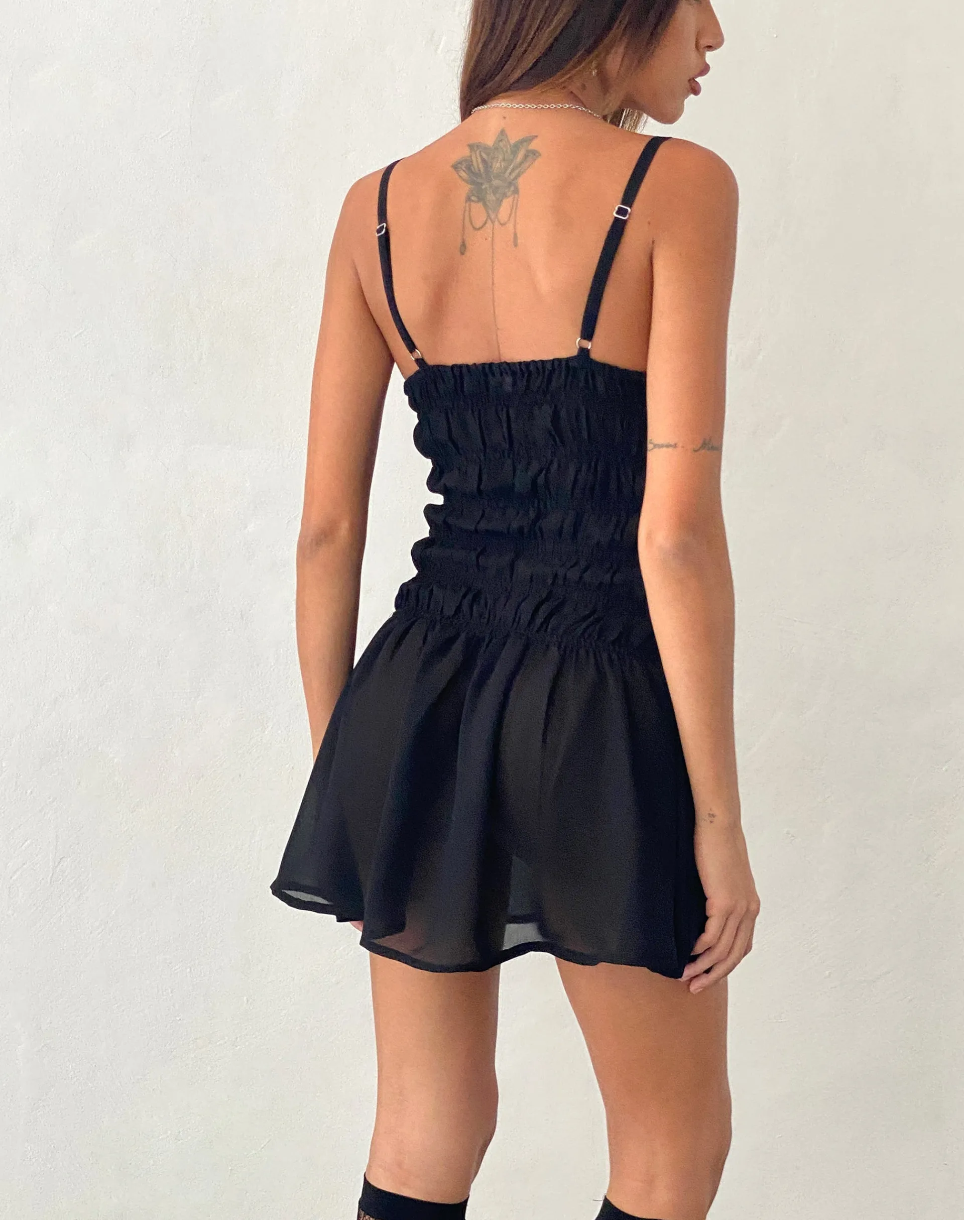 Motel Rocks Little Black Dresses | Mini Dresses-Axely Shirred Mini Dress in Chiffon Black