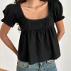 Motel Rocks Basic Tops | Shirts And Blouses-Axoni Square Neck Blouse in Linen Black LinenBlack