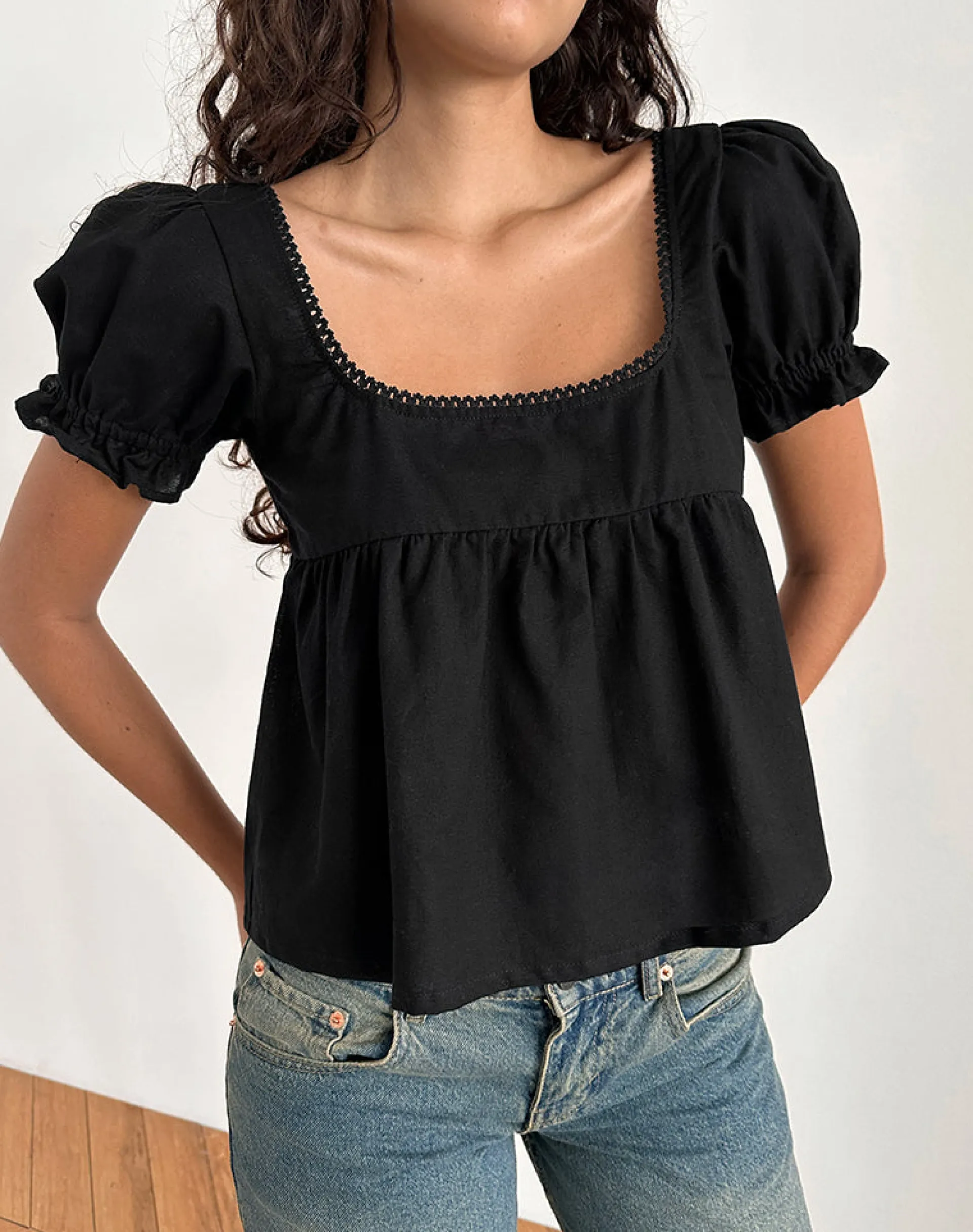 Motel Rocks Basic Tops | Shirts And Blouses-Axoni Square Neck Blouse in Linen Black LinenBlack