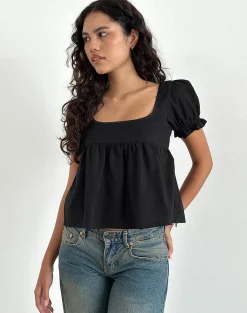 Motel Rocks Basic Tops | Shirts And Blouses-Axoni Square Neck Blouse in Linen Black LinenBlack