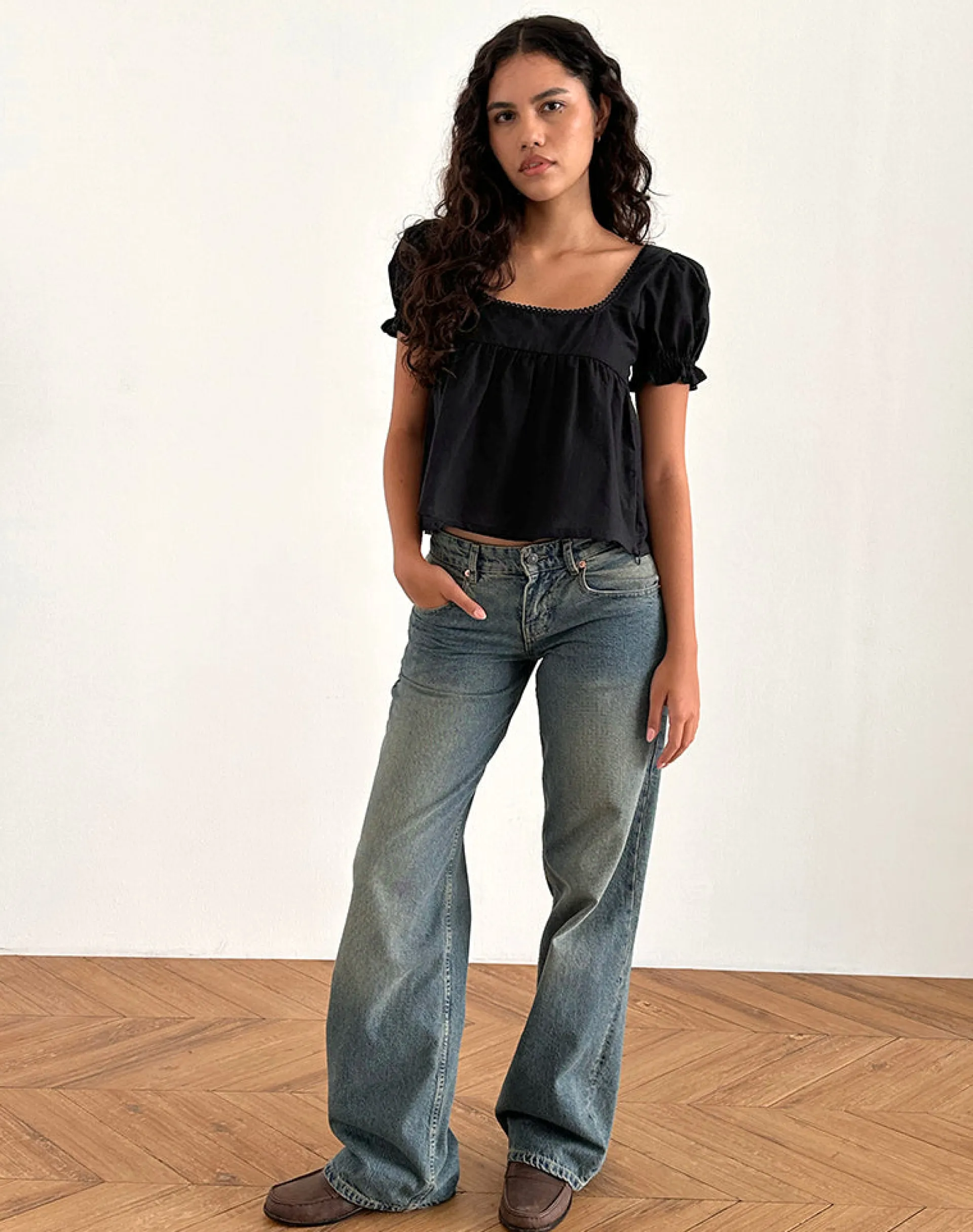 Motel Rocks Basic Tops | Shirts And Blouses-Axoni Square Neck Blouse in Linen Black LinenBlack