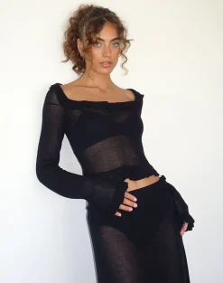Motel Rocks Long Sleeve Tops | Going Out Tops-Ayako Frill Fine Knit Top in Black