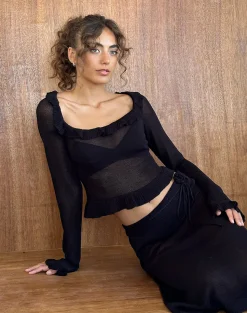 Motel Rocks Long Sleeve Tops | Going Out Tops-Ayako Frill Fine Knit Top in Black