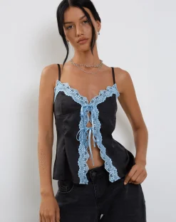 Motel Rocks Strappy Tops | Going Out Tops-Bahela Tie Front Cami Top in Black with Blue Lace