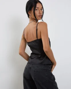 Motel Rocks Strappy Tops | Going Out Tops-Bahela Tie Front Cami Top in Black with Blue Lace
