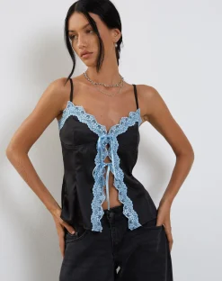 Motel Rocks Strappy Tops | Going Out Tops-Bahela Tie Front Cami Top in Black with Blue Lace
