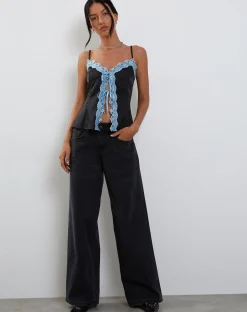 Motel Rocks Strappy Tops | Going Out Tops-Bahela Tie Front Cami Top in Black with Blue Lace