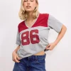 Motel Rocks Basic Tops | Printed Tops-Balap Oversized Top in Grey Marl and Adrenaline Red with '86' Emb