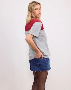 Motel Rocks Basic Tops | Printed Tops-Balap Oversized Top in Grey Marl and Adrenaline Red with '86' Emb