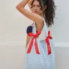 Motel Rocks Accessories-Barbara Tote Bag in Blue Gingham with Red Bow